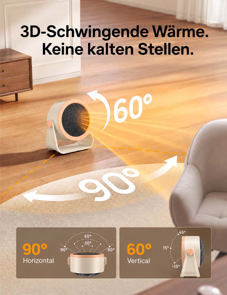 🔥 BVJ 714 Elektrischer Heizlüfter – 1500W Keramik Heizung mit 3D-Oszillation, 2s Schnellerwärmung & ECO Energiesparmodus